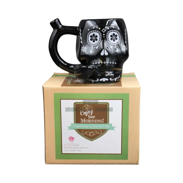Black Skull ceramic mug pipe in El Paso showing the bowl molded into the base for dry herb, Roast & Toast