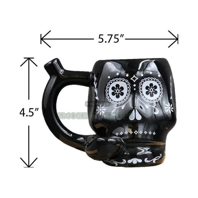 Sugar Skull Day of the Dead mug pipe in El Paso, black ceramic with side carb hole, 15oz Roast & Toast novelty