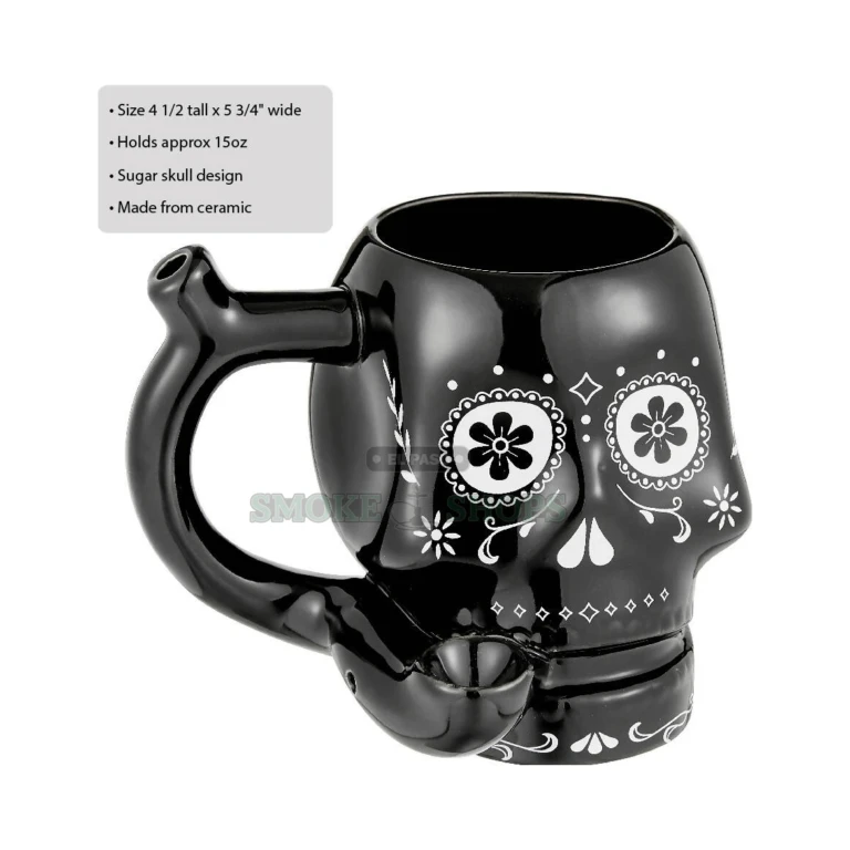 Black Skull 15oz ceramic mug pipe in El Paso, white Sugar Skull artwork, adult novelty gift, pick up today