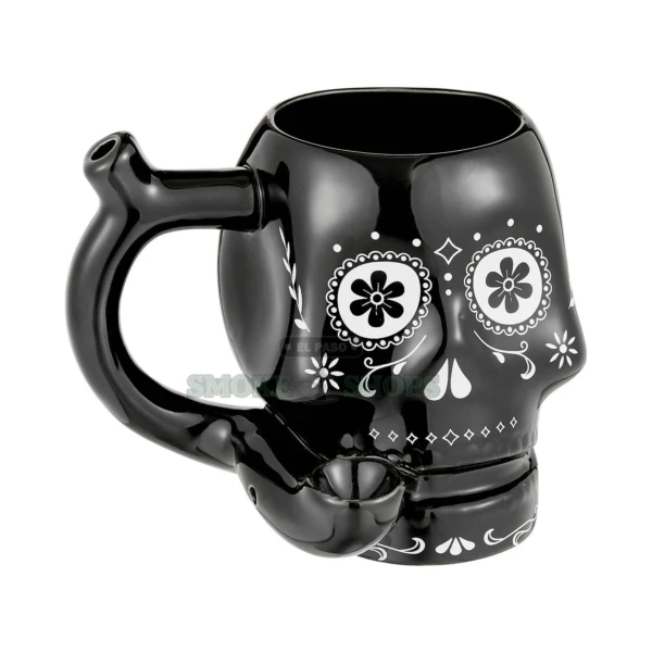 Roast & Toast Black Skull mug pipe in El Paso, 15oz glazed ceramic with white Sugar Skull design, front view