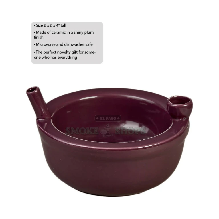 Purple Cereal Bowl ceramic pipe in El Paso showing side carb and handle mouthpiece, glazed plum mug pipe, same-day pickup