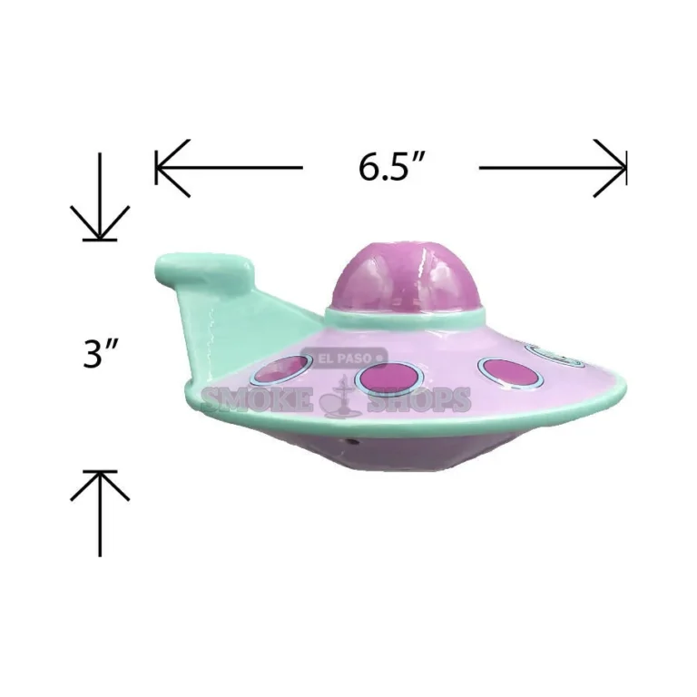 Purple and teal ceramic flying saucer pipe in El Paso standing upright as a shelf piece