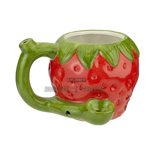 Roast & Toast Strawberry Mug Pipe in El Paso, glazed ceramic mug pipe with molded bowl and handle mouthpiece