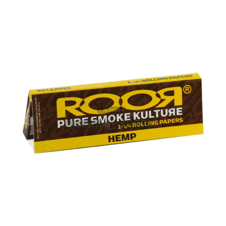 Roor 1 1/4 hemp papers in El Paso showing natural beige unbleached leaf and acacia gum strip, 50 per pack