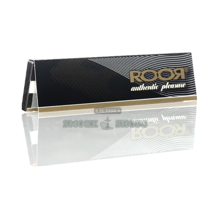 Roor Authentic Pleasure 1 1/4 papers in El Paso showing natural Arabic gum strip and slow-burn sheets