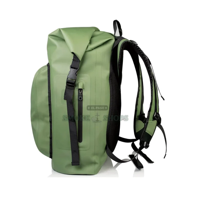 RYOT DRY+ waterproof backpack in El Paso, carbon-filter smell-proof lining and rubbery green shell, pickup today