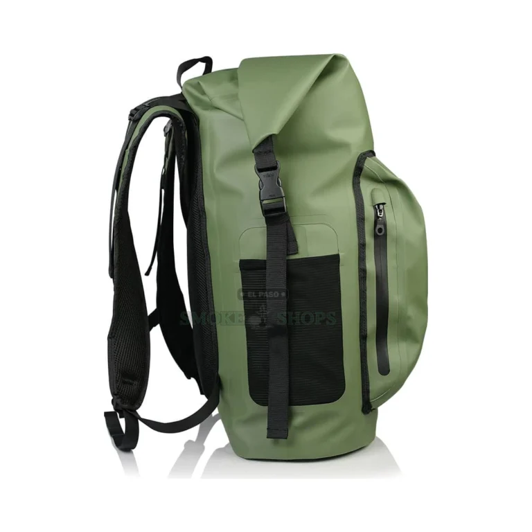 Green RYOT DRY+ smell-proof backpack in El Paso showing four compartments, waterproof build, same-day pickup