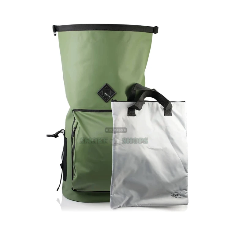 RYOT DRY+ backpack worn on shoulders in El Paso, full-size smell-proof waterproof travel pack, pick up today
