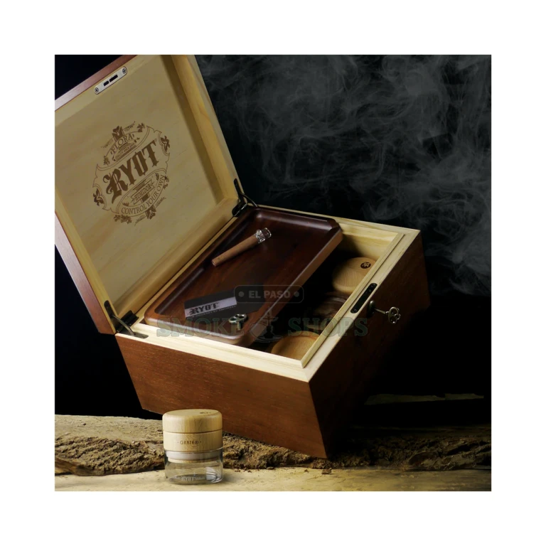 RYOT LOCKR Box on shelf display in El Paso, walnut lockable storage box at El Paso Smoke Shops counter