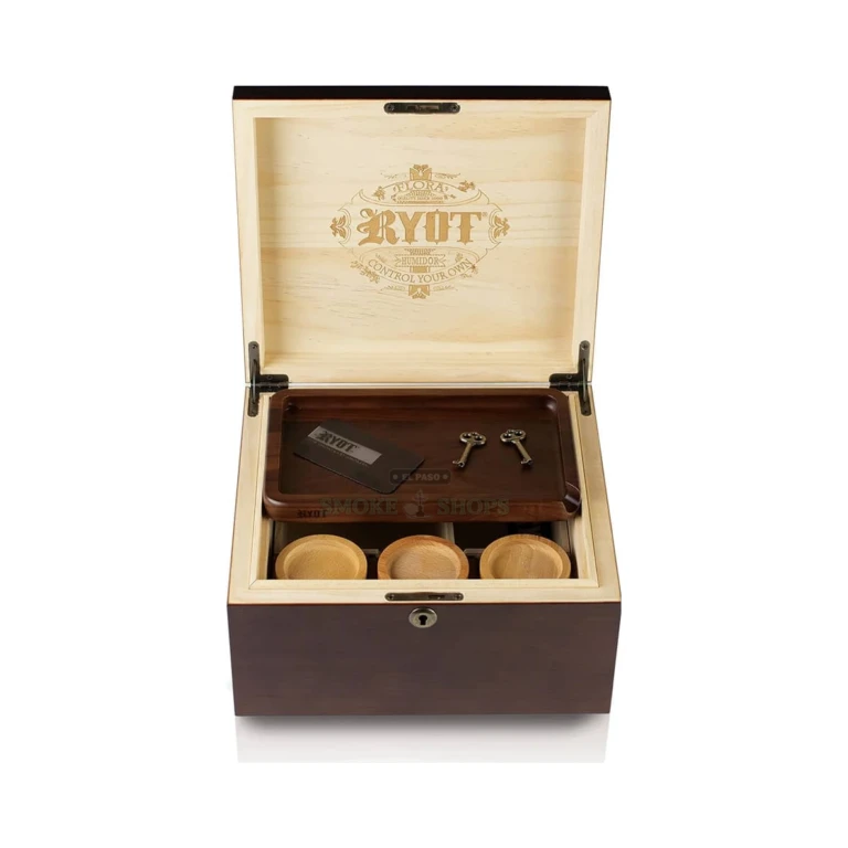 RYOT LOCKR Box closed walnut storage box in El Paso showing metal lock and hinge, pick up today