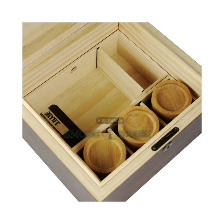 RYOT LOCKR Box walnut wood grain detail in El Paso, lockable humidor-capable storage box close up
