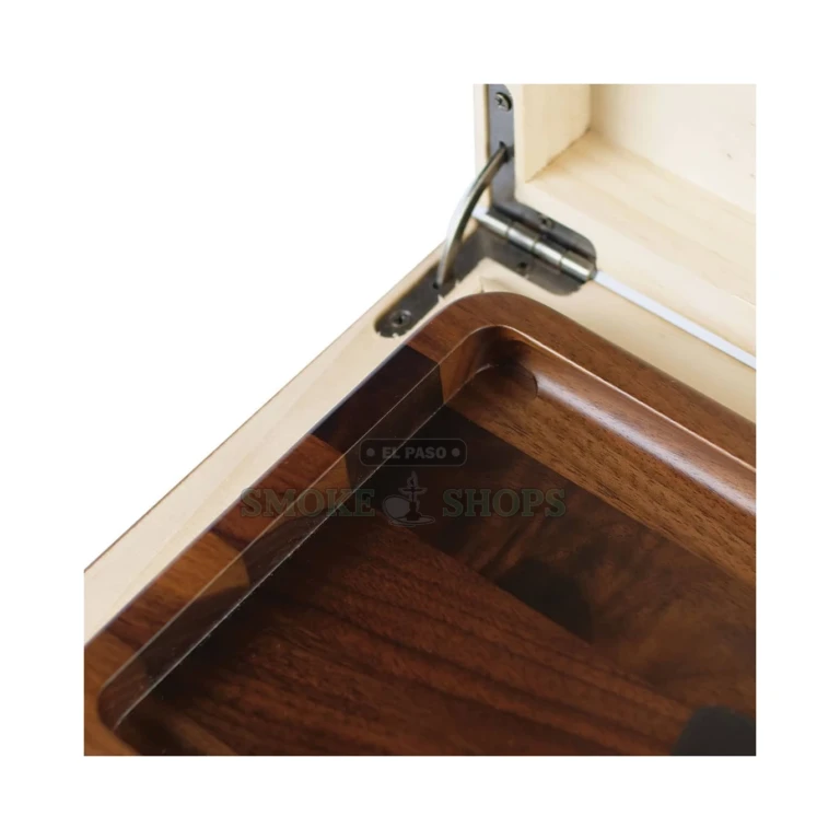 RYOT LOCKR Box side profile in El Paso showing metal hinge and walnut lid, lockable storage box