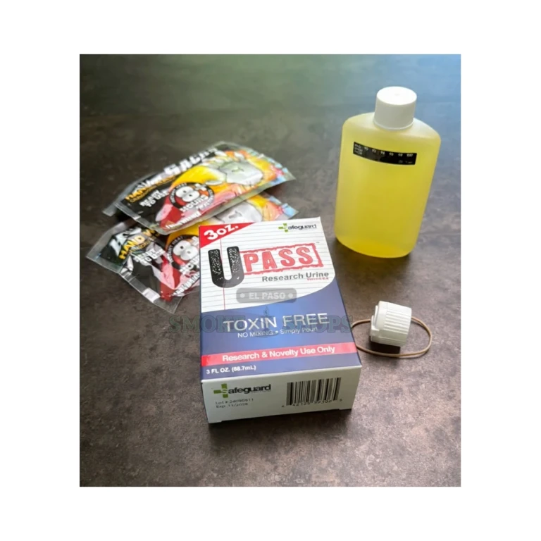 Safeguard U-Pass synthetic urine novelty kit back panel in El Paso, made in USA, balanced pH, same-day pickup