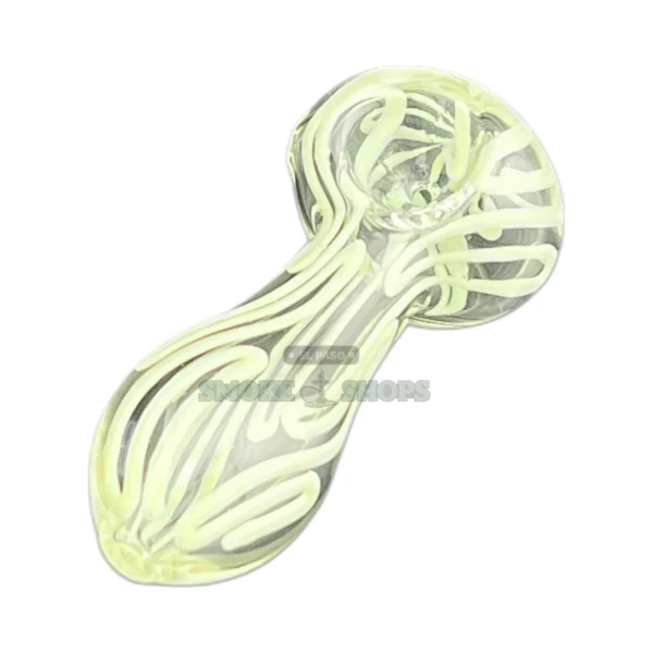 Samesies glass spoon hand pipe in El Paso, clear glass with paired yellow red blue and black swirls, same-day pickup