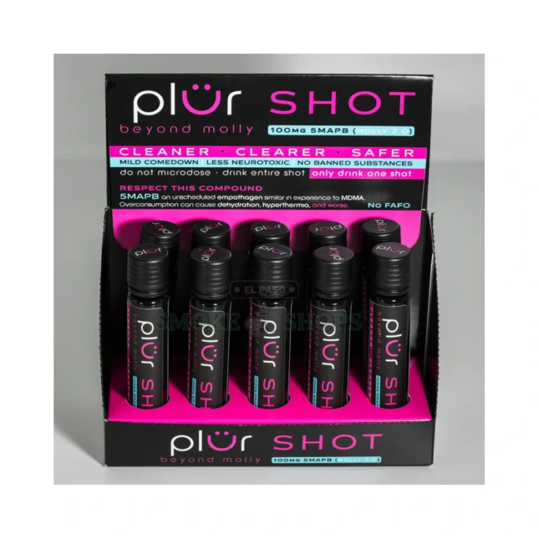 Shrum Plur 1oz Shot held in hand in El Paso, 4.5 inch 100mg 5-MAPB bottle, in stock at 10 stores