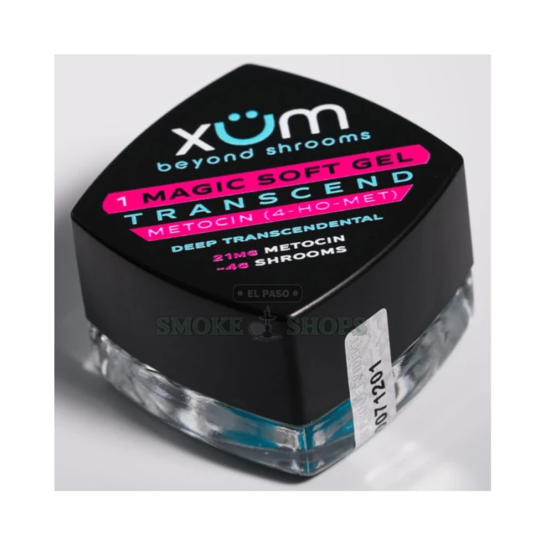 Shrum XUM Transcend Metocin capsule jar label in El Paso, 21 mg 4-HO-MET soft gel, single dose, 7x potency