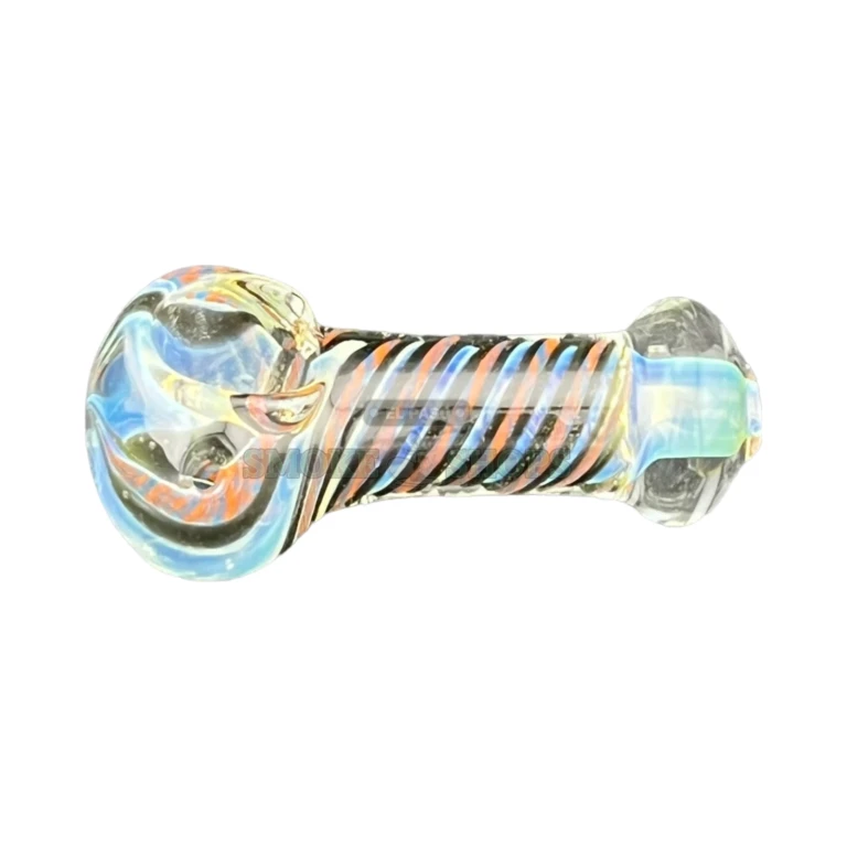 Silver Swirly glass spoon pipe side view in El Paso, silver fumed tone shifting in light, hand pipe near me