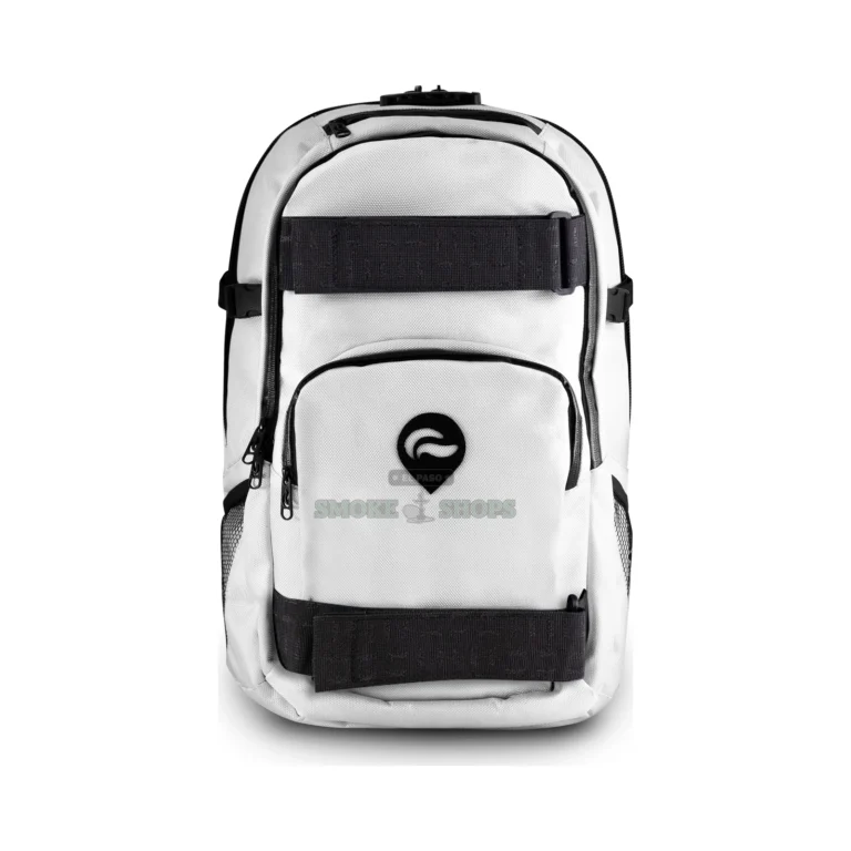 Skunk Nomad smell-proof backpack detail in El Paso, water-resistant zippers and skateboard strap, pick up today