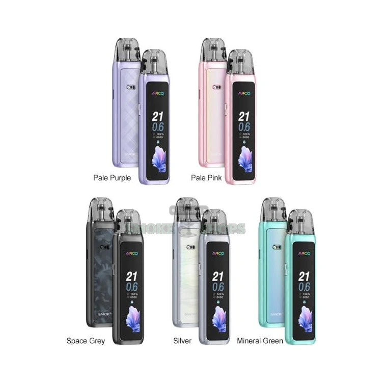 SMOK Arco Max pod system screen view in El Paso showing wattage, ohms, battery and puff count, in stock