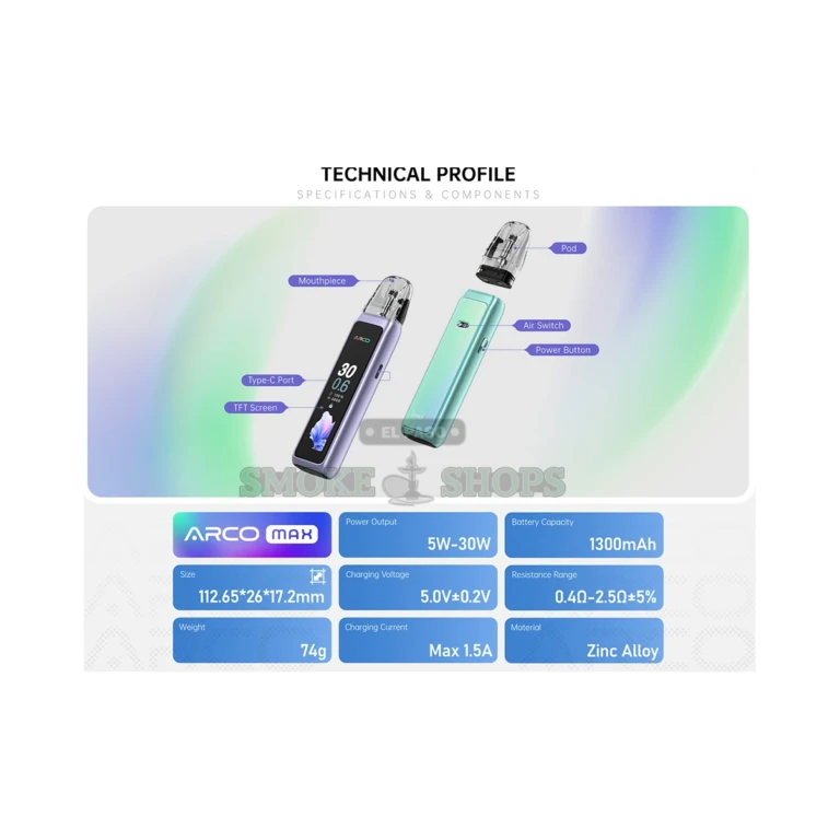 SMOK Arco Max pod system side USB-C port in El Paso, 1300mAh battery with fast charge, reserve and pick up today