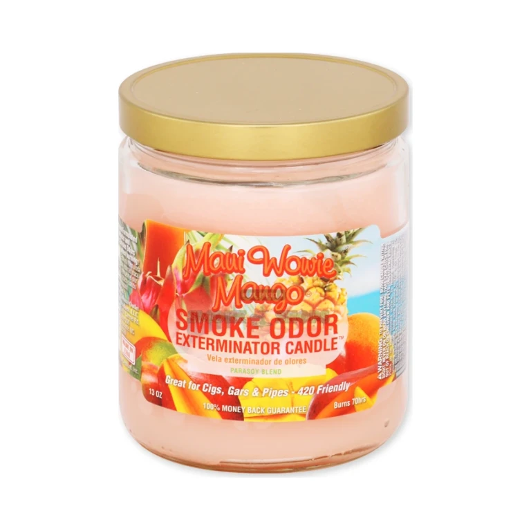Smoke Odor Exterminator candle jar label in El Paso showing 13oz net weight and the enzyme odor formula