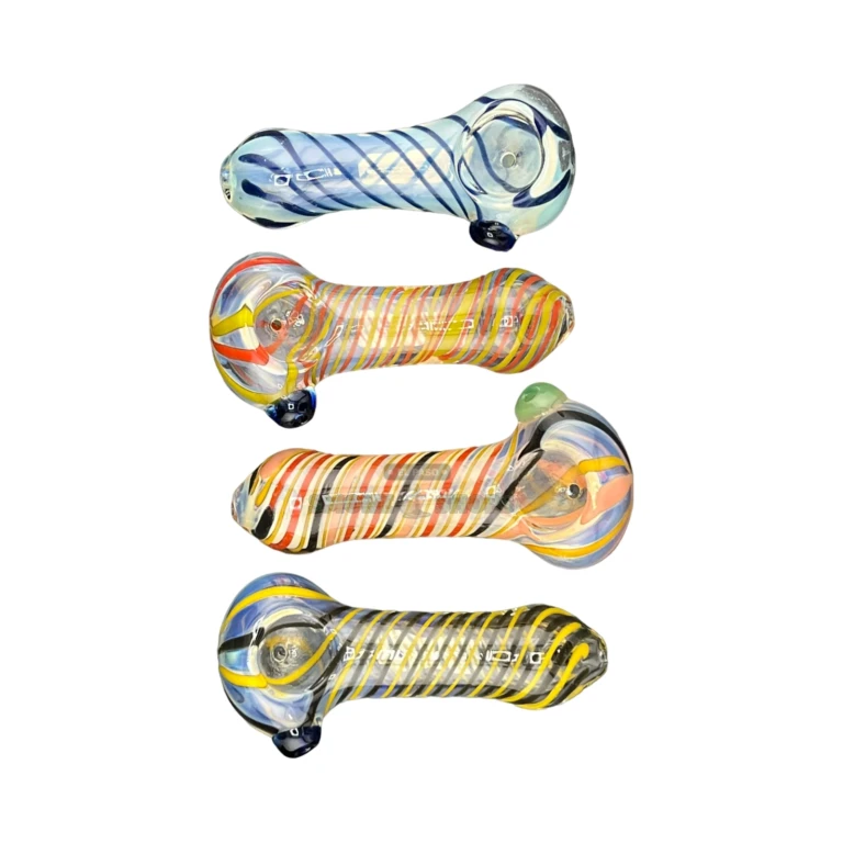 Smoked Drizzle glass spoon pipe standing upright in El Paso, colored swirl finish, glass pipe near me