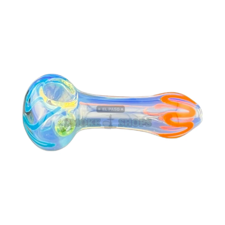 Smokey Squigs glass pipe side view in El Paso, floral pattern and green grip nub, hand pipe near me