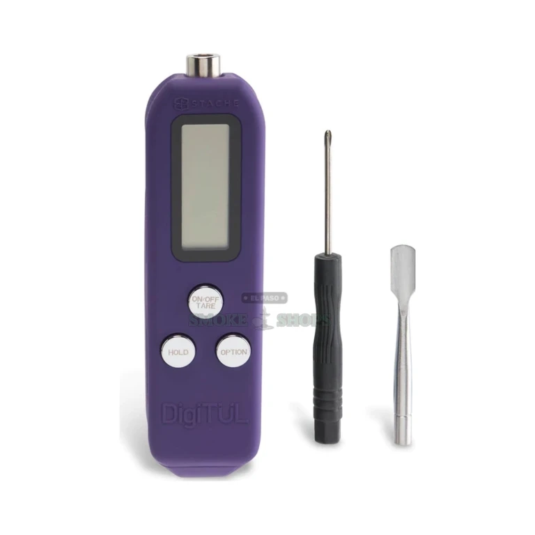 Stache DigiTul scale dab tool LCD screen close-up in El Paso showing concentrate weight, pick up today