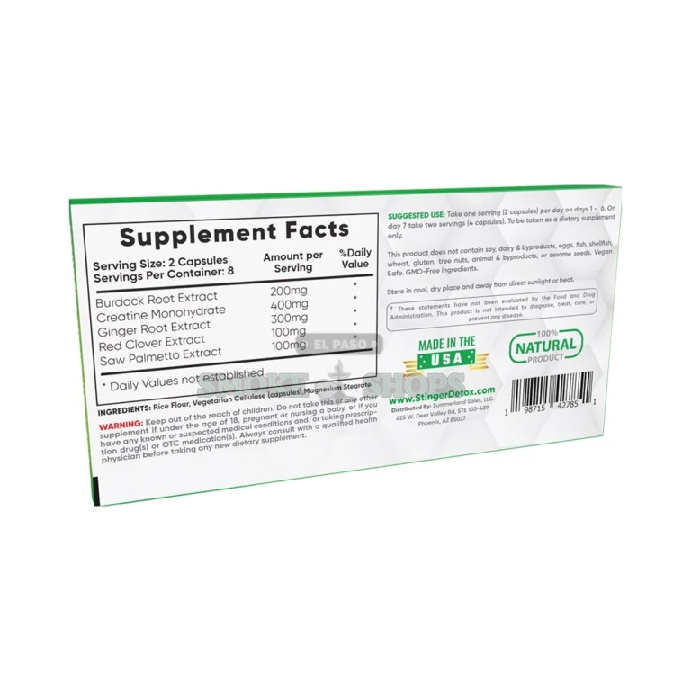 Stinger Detox 7-Day Total Detox capsule program in El Paso, vegan non-GMO herbal cleanse, 10 stores