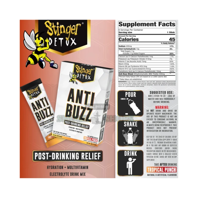Stinger Detox Anti-Buzz TropicalP drink mix variant in El Paso, electrolyte recovery formula, pick up today