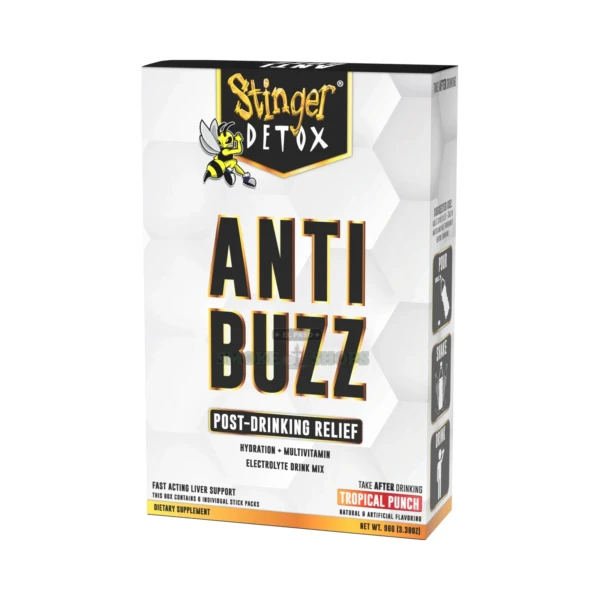 Stinger Detox Anti-Buzz recovery capsules pack front view in El Paso, DHM and milk thistle, same-day pickup