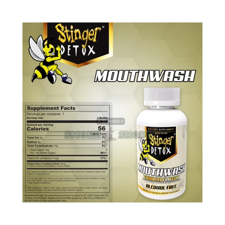 Stinger Detox Vanilla Mouthwash bottle in El Paso, 2 fl oz herbal blend oral rinse, label and ingredients, in stock today