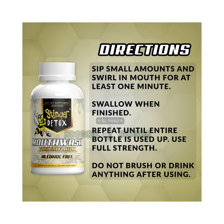 Stinger Detox Vanilla Mouthwash 2 fl oz in El Paso, compact white plastic oral rinse bottle on shelf, reserve in store