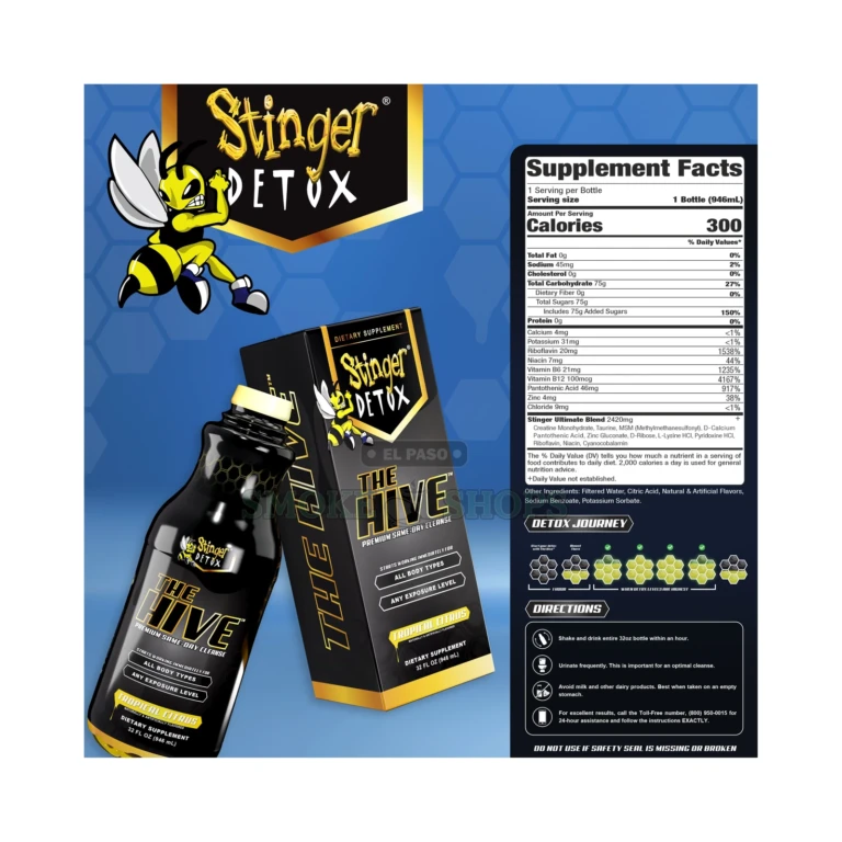 Stinger Detox The Hive Same Day ingredients label in El Paso, Taurine MSM D-Ribose Lysine Niacin blend