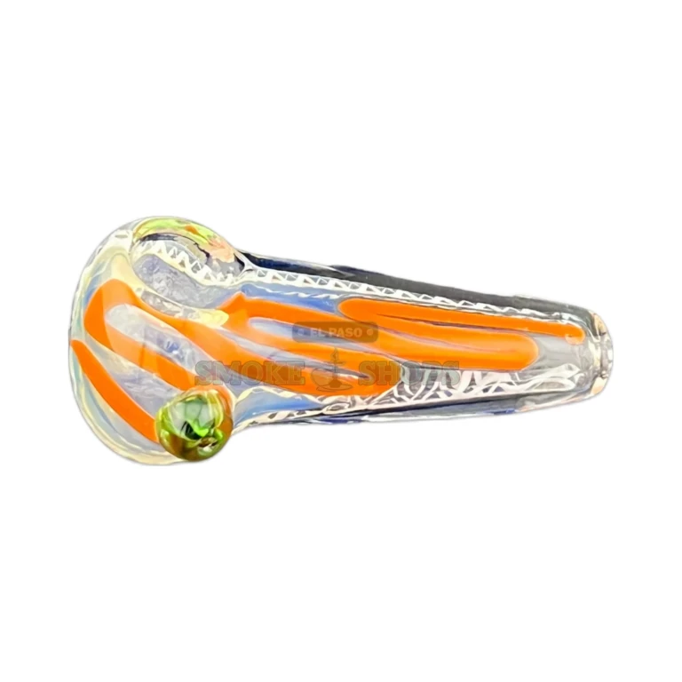 Sunrise Swirl glass spoon pipe side view in El Paso, compact swirled body, hand pipe near me