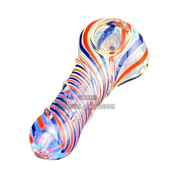 Swirly Wirly glass spoon hand pipe in El Paso, clear glass with red and blue swirls, same-day pickup