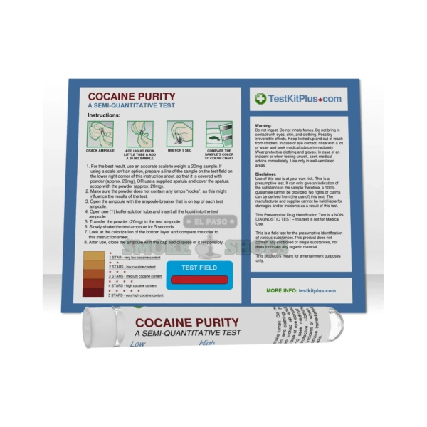 Test Kit Plus cocaine purity test in El Paso, single-use reagent ampoule kit with included color chart, same-day pickup