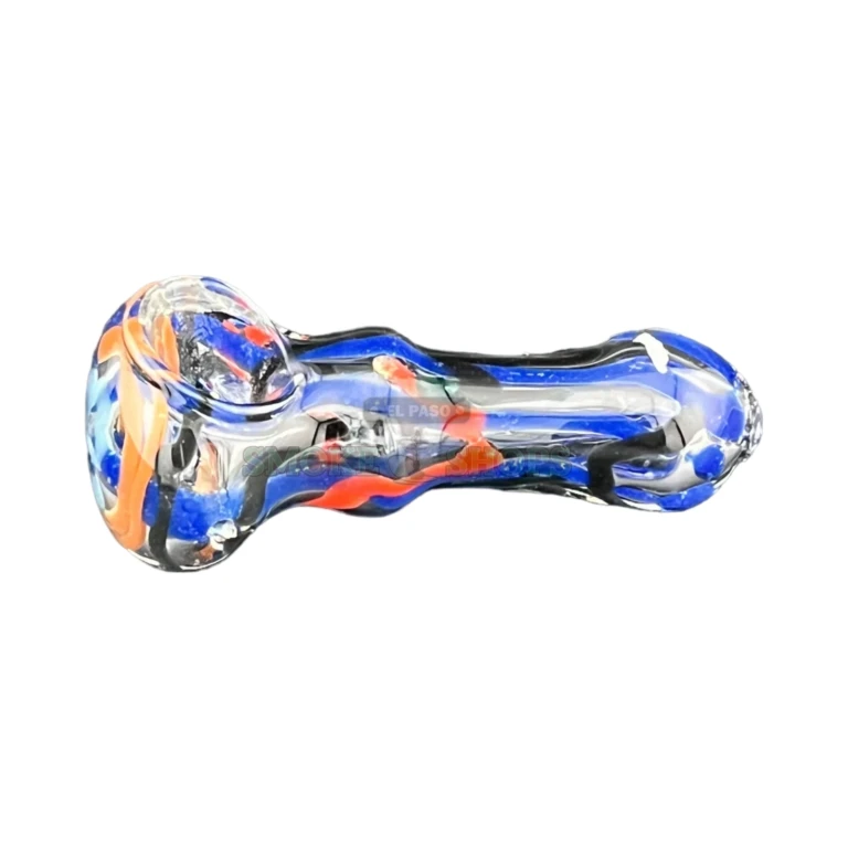 Criss Cross glass spoon pipe side view in El Paso, thick stripes over clear borosilicate, hand pipe near me