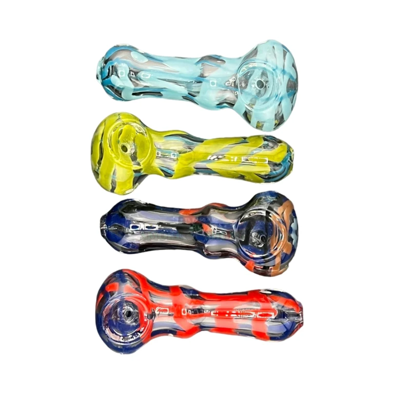 Criss Cross glass spoon pipe standing upright in El Paso, smooth striped finish, in stock near me