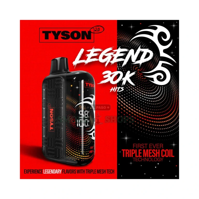 Tyson Legend 30K 30000 puff disposable vape in El Paso showing USB-C charging port and curved 3D LCD screen