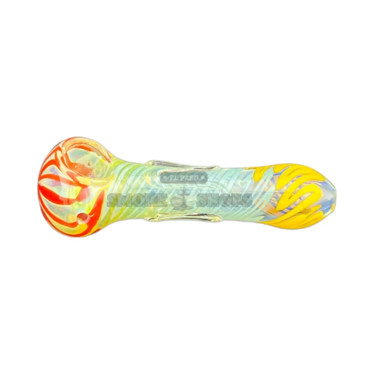 Wavey long glass pipe side view in El Paso, swirled body and long spoon shape, hand pipe near me