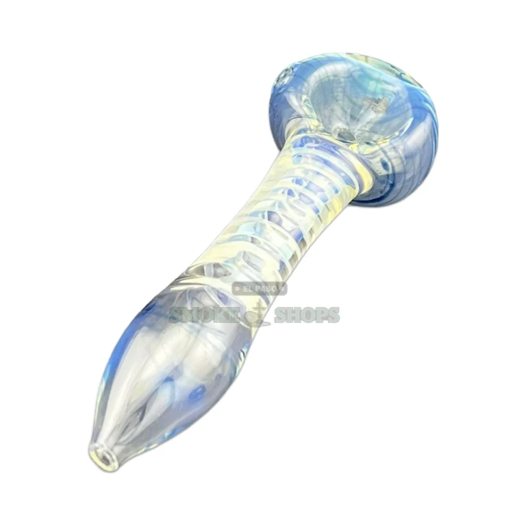 White Spiral Fume glass spoon pipe side view in El Paso, fumed spiral pattern, near me