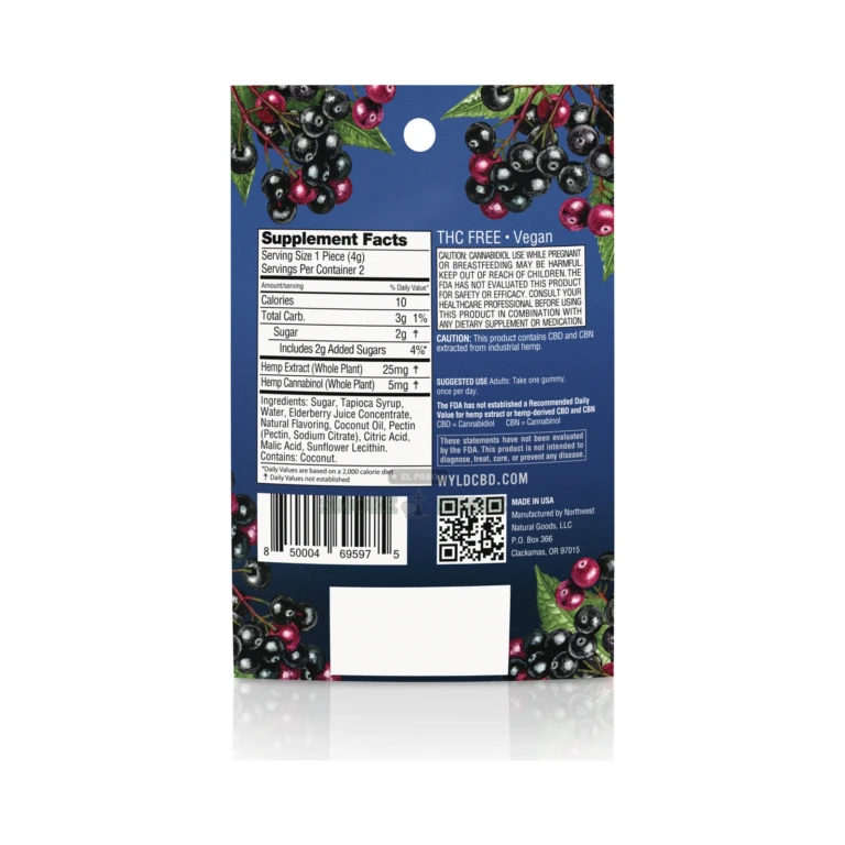 CBD Gummies 50mg 2ct Pack WYLD Elder 5:1 CBD:CBN close-up at El Paso Smoke Shop, in stock near me for same-day pickup
