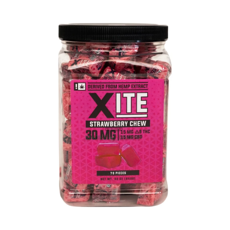 Xite Strawberry Chews 30mg D9 individually wrapped square chew in El Paso, strawberry hemp edible, same-day pickup