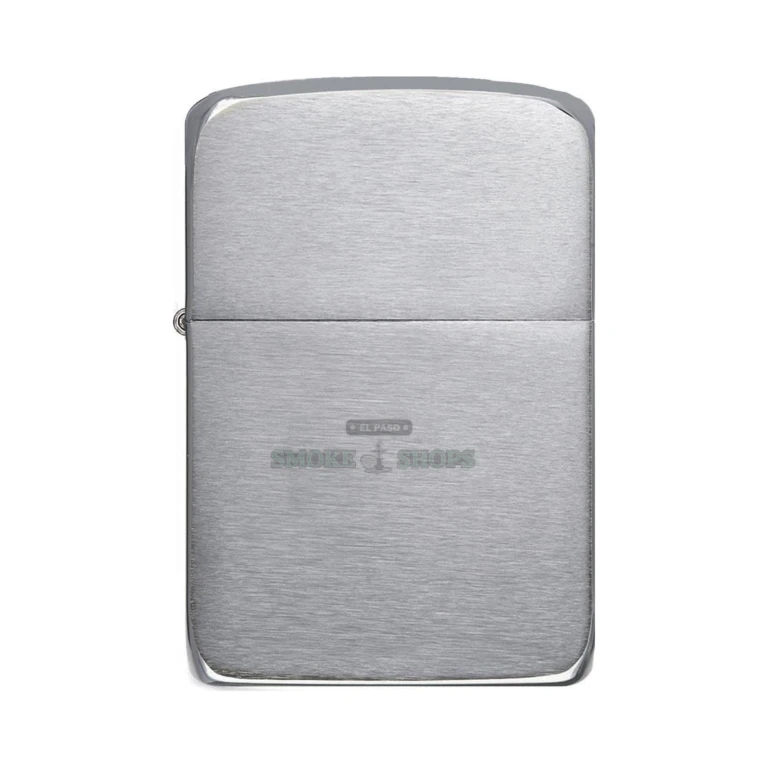 Zippo 1941 Replica brushed chrome lighter open with flame, showing the windproof chimney