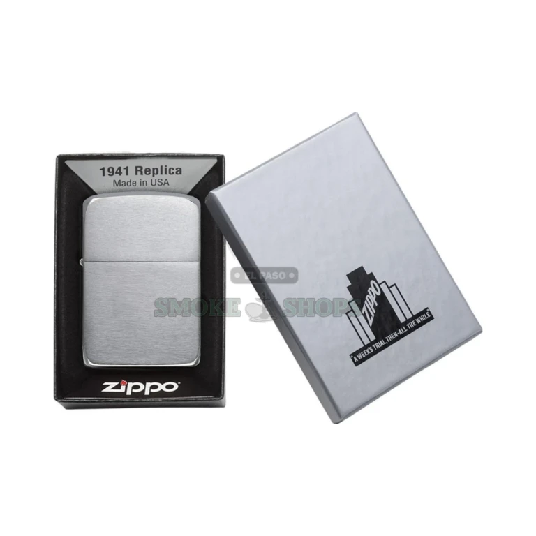 Zippo 1941 Replica brushed chrome lighter in its art-deco silver-foil gift box