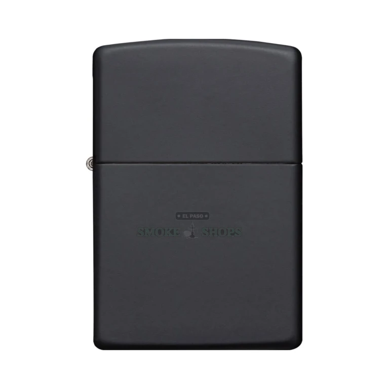 Zippo 218 black matte lighter open with the windproof chimney and flame visible