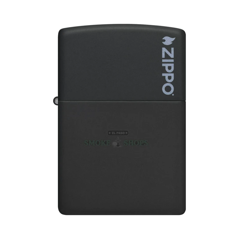 Zippo 218ZL black matte lighter shown open with the lid flipped back