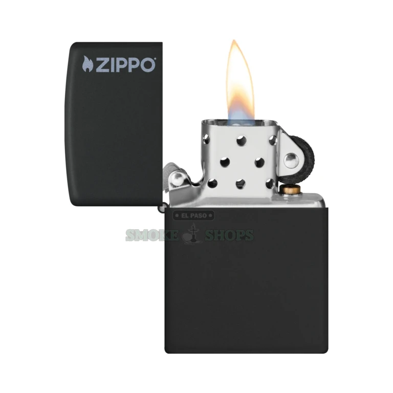 Zippo 218ZL lighter lit, showing the windproof flame inside the chimney