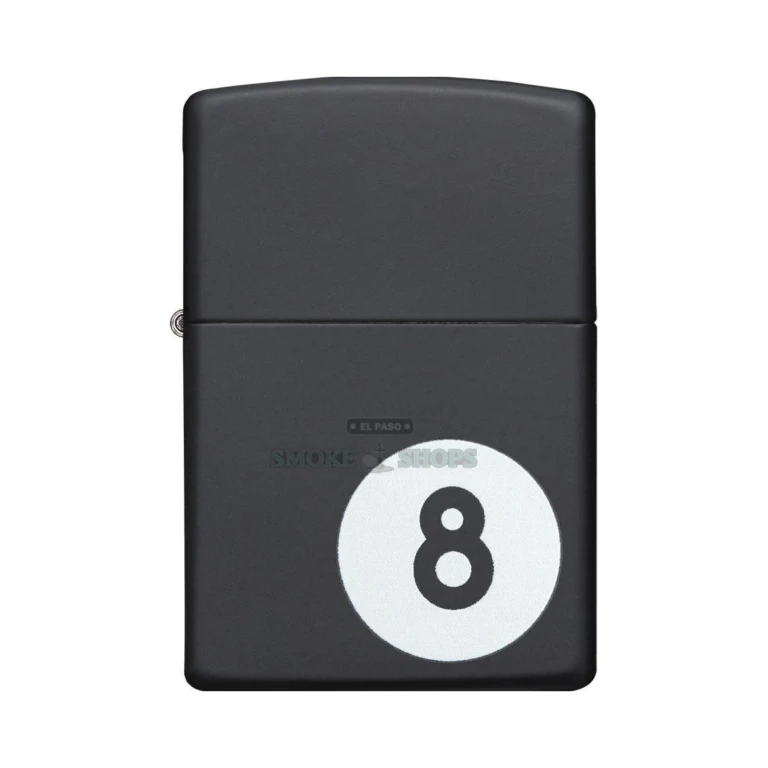 Black matte Zippo 8-ball lighter open with the lid flipped showing the chimney windscreen and wick